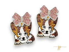 Pretty in Pink Bow Corgi Beaded Rhinestone Earrings