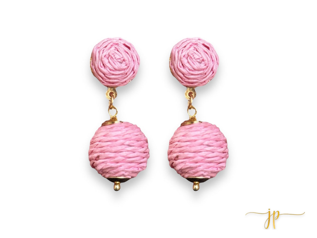 Linda Light Pink Raffia Ball Earrings