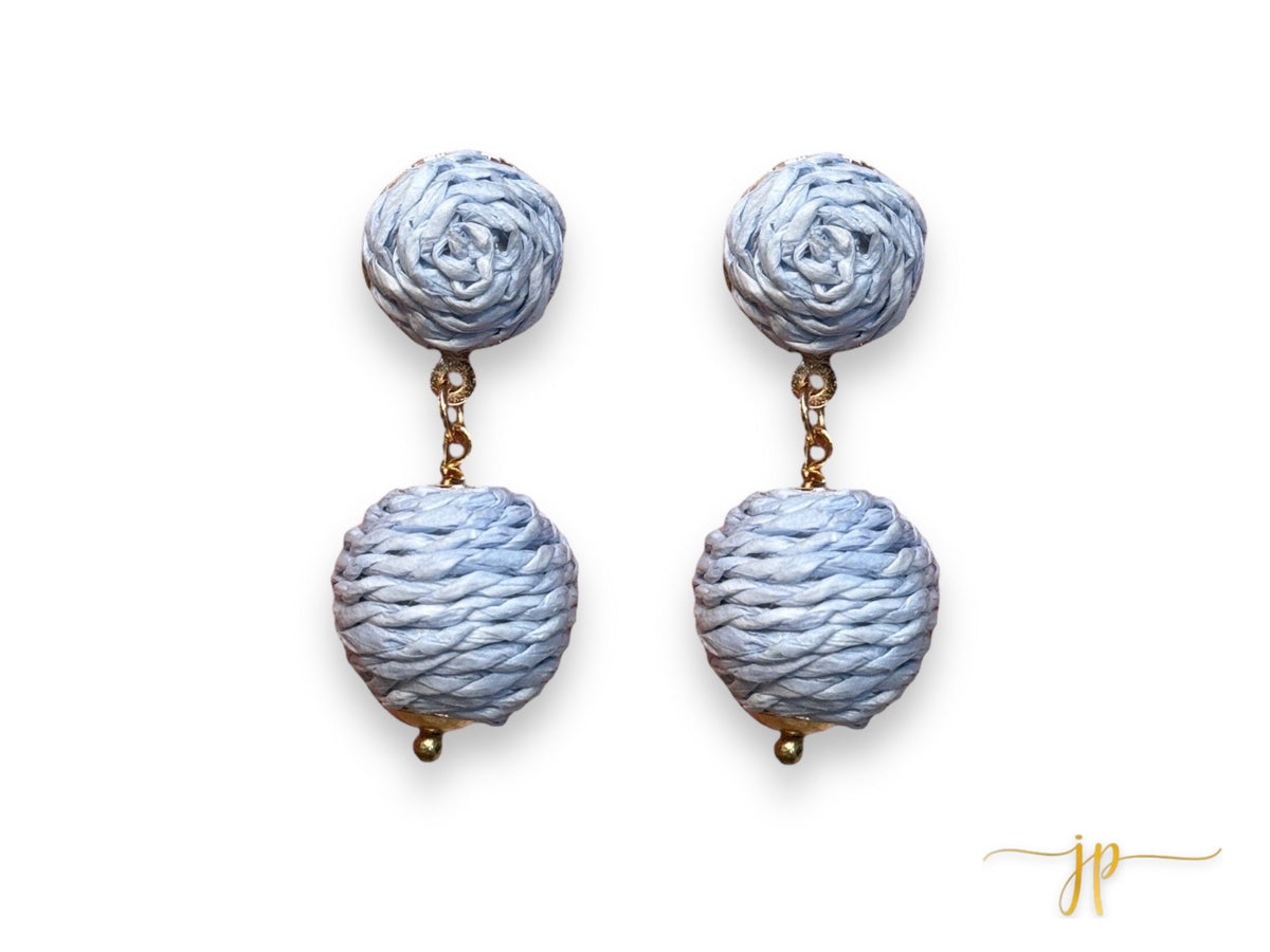 Linda Light Blue Raffia Ball Earrings