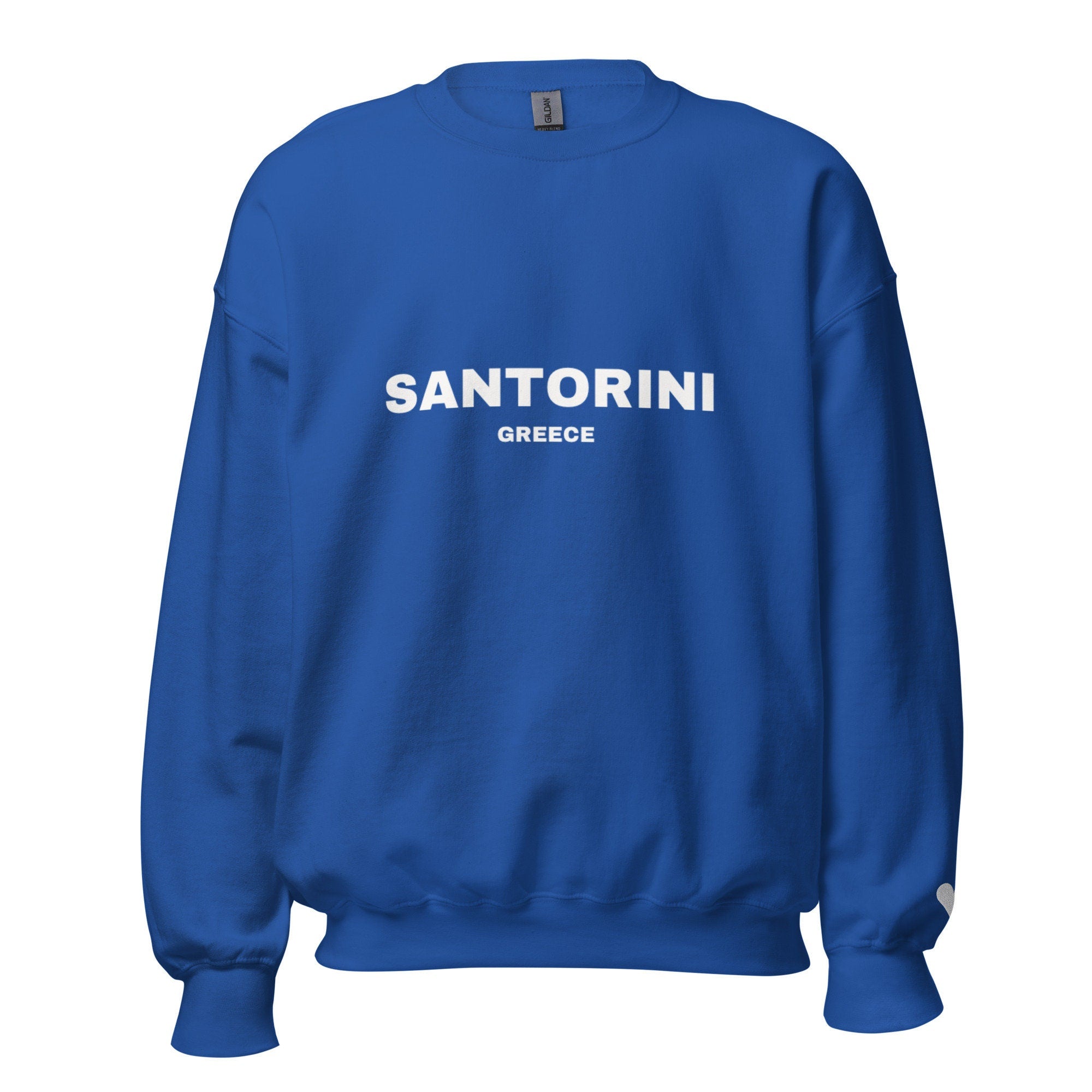 Santorini Greece Ladies Blue Jetsetter Sweatshirt with Embroidered Heart Sleeve