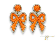 Elise Orange Coquette Rhinestone Raffia Bow Earrings