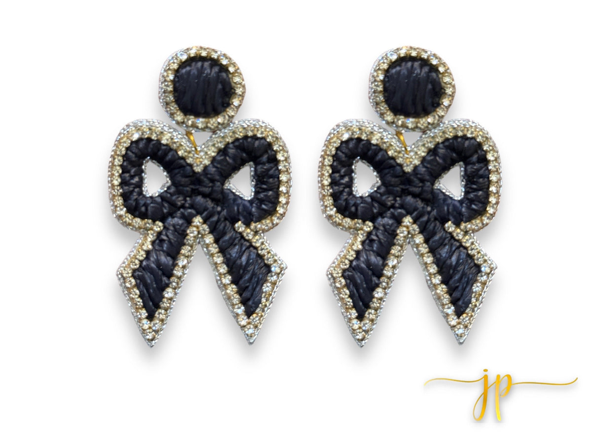 Elise Black Coquette Rhinestone Raffia Bow Earrings