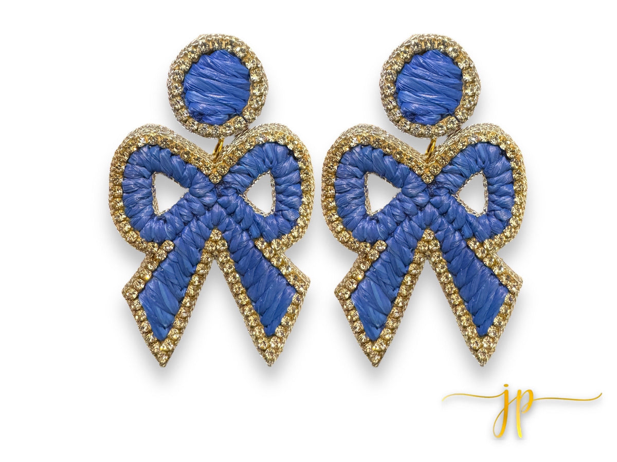 Elise Blue Coquette Rhinestone Raffia Bow Earrings