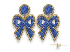 Elise Blue Coquette Rhinestone Raffia Bow Earrings