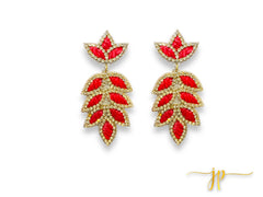 Eloise Red Rhinestone Raffia Leaf Earrings