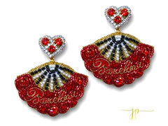 Barcelona Red Spanish Fan Travel Destination Beaded Rhinestone Earrings