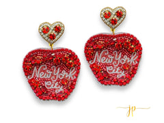 New York City Red Apple Travel Destination Beaded Rhinestone Earrings