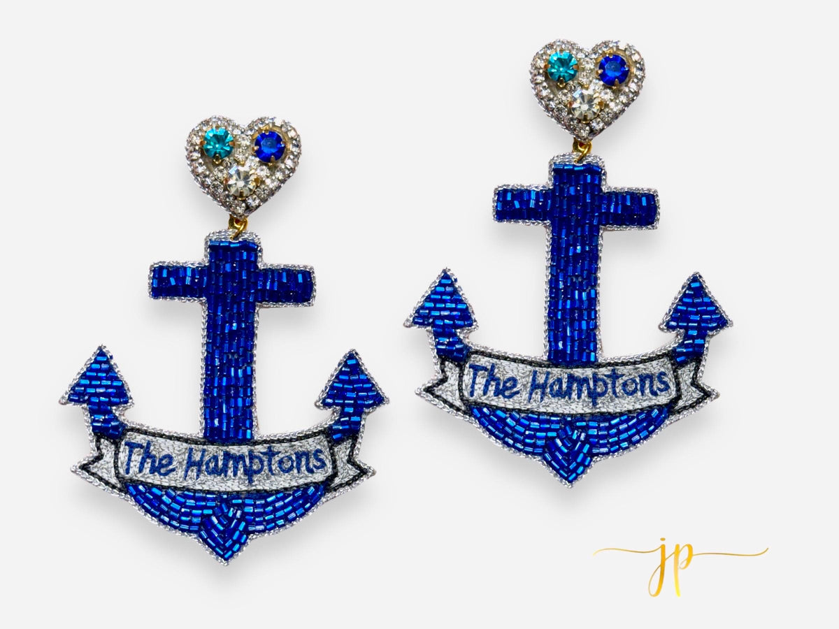 Hamptons Blue Anchor Travel Destination Beaded Rhinestone Earrings