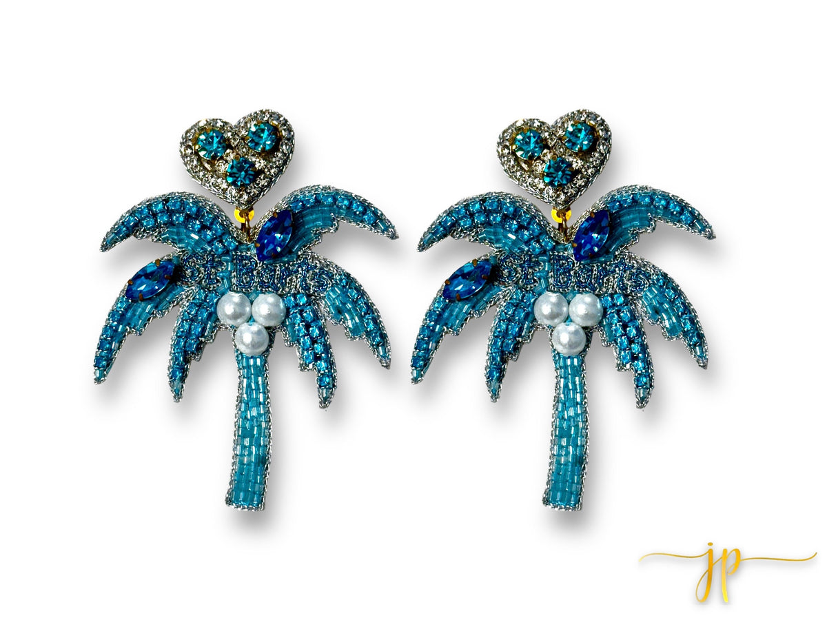 St. Barts Aqua Palm Tree Travel Destination Beaded Rhinestone Earrings