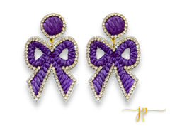 Elise Purple Coquette Rhinestone Raffia Bow Earrings