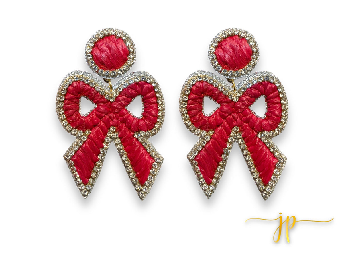 Elise Red Coquette Rhinestone Raffia Bow Earrings