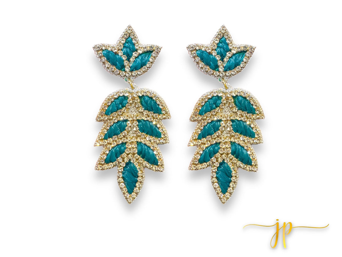 Eloise Dark Green Rhinestone Raffia Leaf Earrings