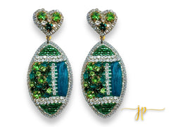 Game Day Green Rhinestone Hearts Raffia Football Earrings