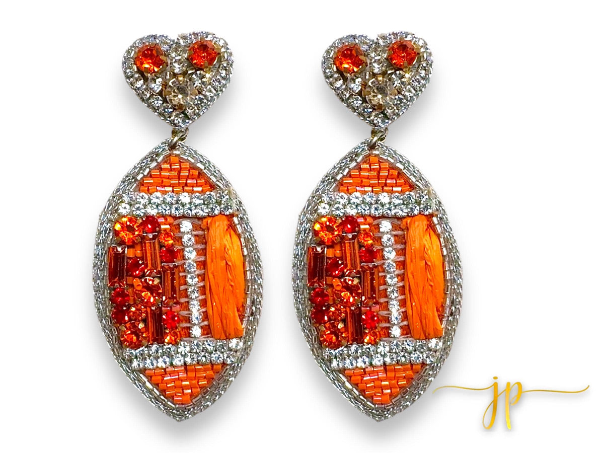 Game Day Orange Rhinestone Hearts Raffia Football Earringsr