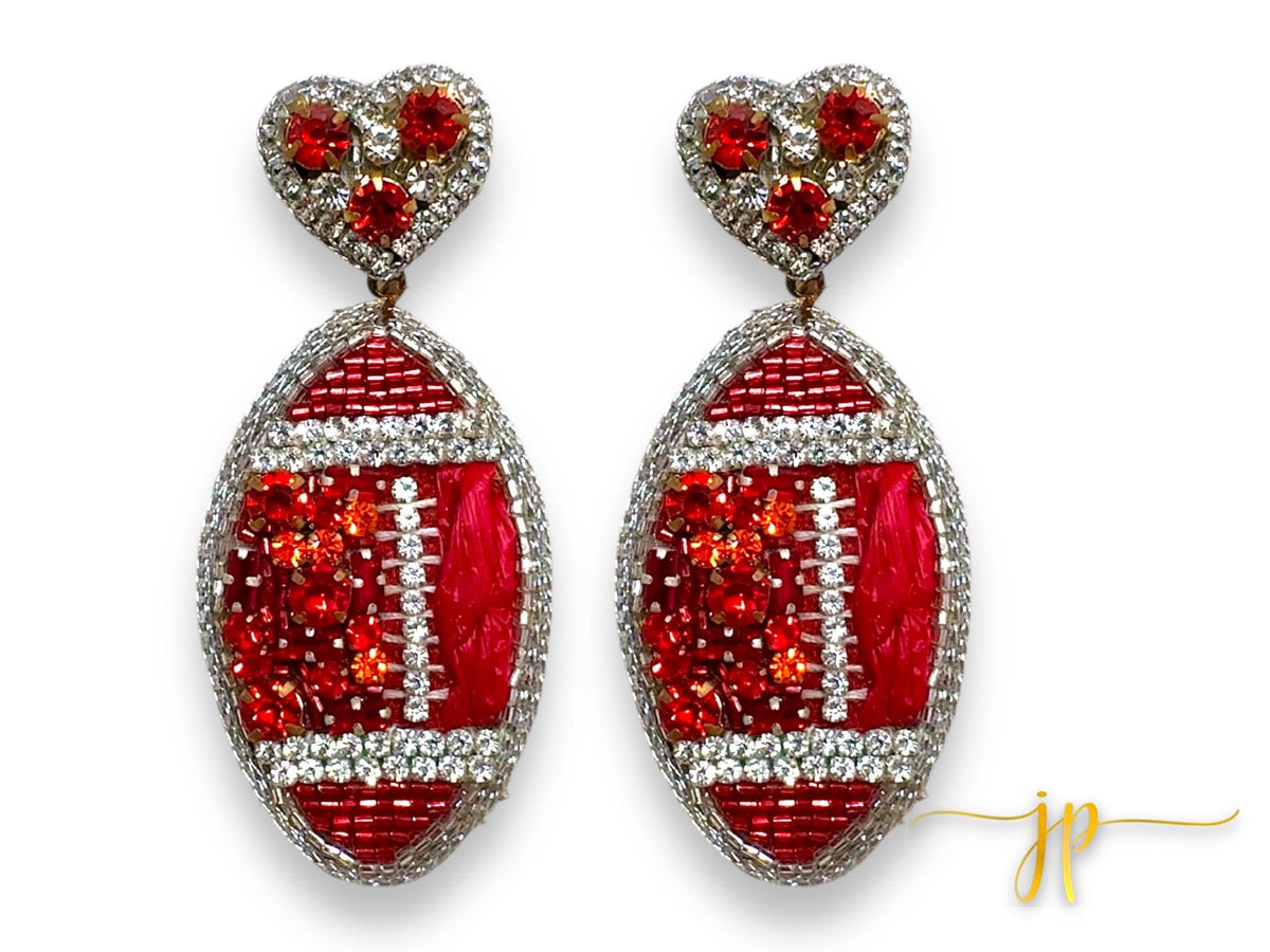 Game Day Red Rhinestone Hearts Raffia Football Earrings