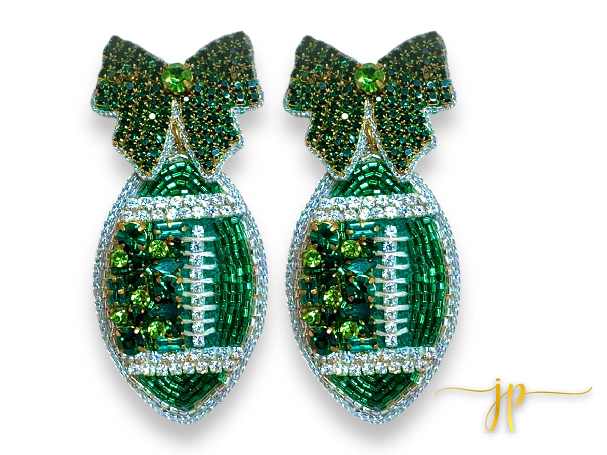 Game Day Green Coquette Bow Rhinestone Football Earrings