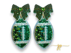 Game Day Green Coquette Bow Rhinestone Football Earrings