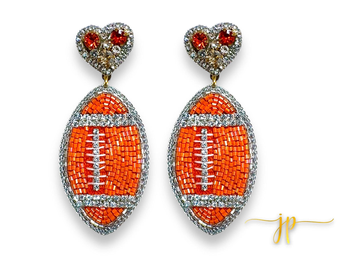 Game Day Orange Rhinestone Hearts Football Earrings