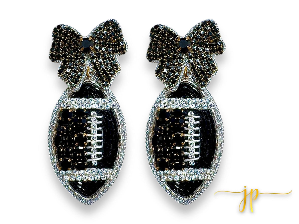 Game Day Black Coquette Bow Rhinestone Football Earrings