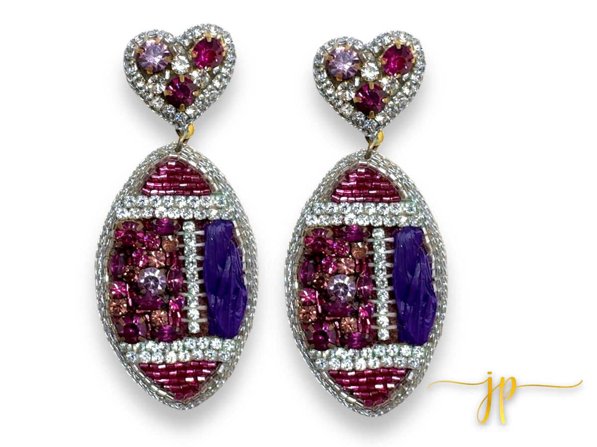 Game Day Purple Rhinestone Hearts Raffia Football Earrings