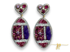 Game Day Purple Rhinestone Hearts Raffia Football Earrings