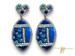 Game Day Blue Rhinestone Hearts Raffia Football Earrings