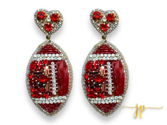 Game Day Burgundy Rhinestone Hearts Raffia Football Earrings