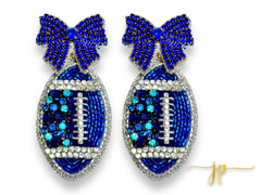 Game Day Blue Coquette Bow Rhinestone Football Earrings