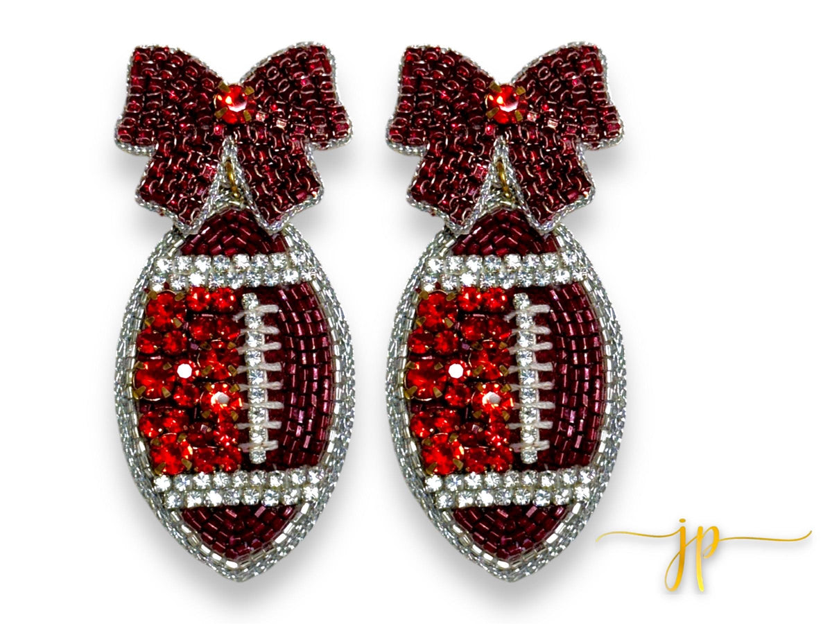 Game Day Burgundy Coquette Bow Rhinestone Football Earrings