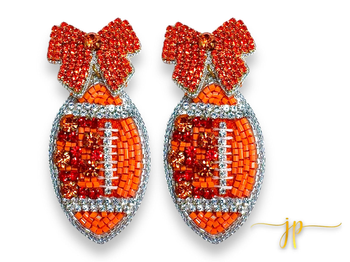 Game Day Orange Coquette Bow Rhinestone Football Earrings