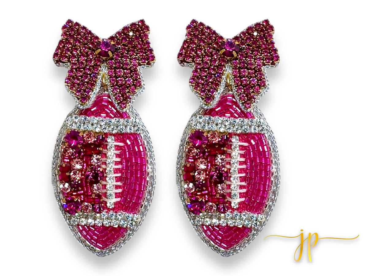 Game Day Dark Pink Coquette Bow Rhinestone Football Earrings