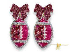 Game Day Dark Pink Coquette Bow Rhinestone Football Earrings