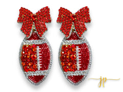 Game Day Red Coquette Bow Rhinestone Football Earrings