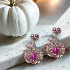 Romantic Radiance Pink Rhinestone Pumpkin Statement Earrings with Heart Detail, Fall, Autumn, Halloween