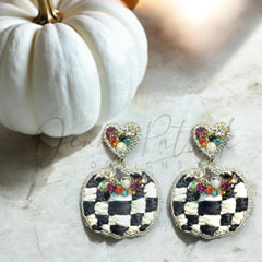 Great Black & White Checkered Raffia Pumpkin Beaded Rhinestone  Earrings