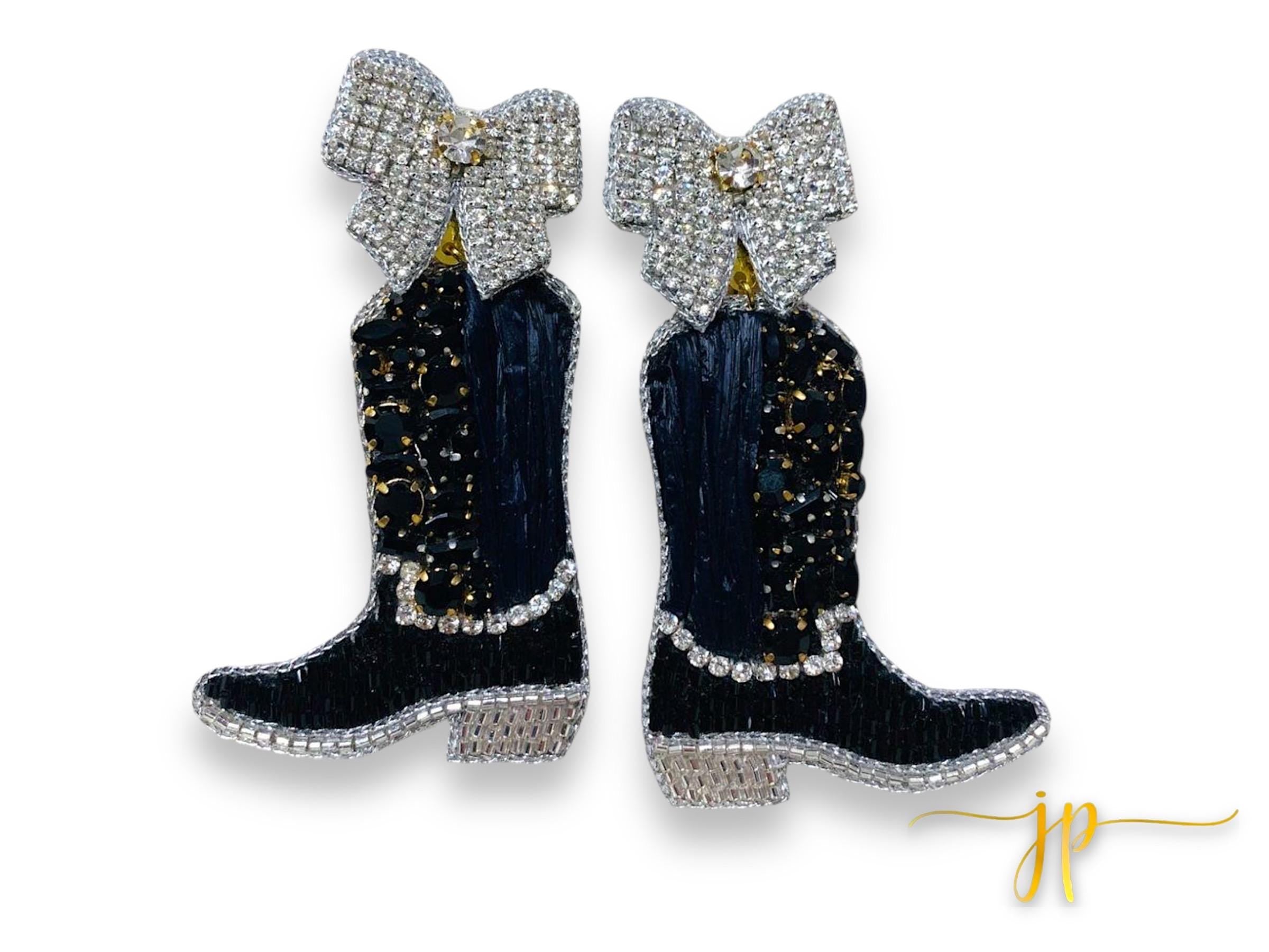Beaded Game Day Cowgirl Boot Earrings in Black Rhinestones and Raffia with Coquette Bows