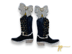 Beaded Game Day Cowgirl Boot Earrings in Black Rhinestones and Raffia with Coquette Bows