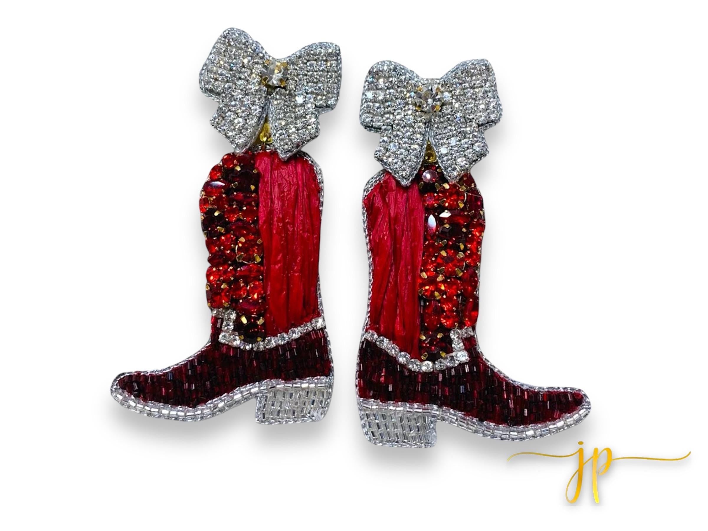 Beaded Game Day Cowgirl Boot Earrings in Crimson Rhinestones and Raffia with Coquette Bows