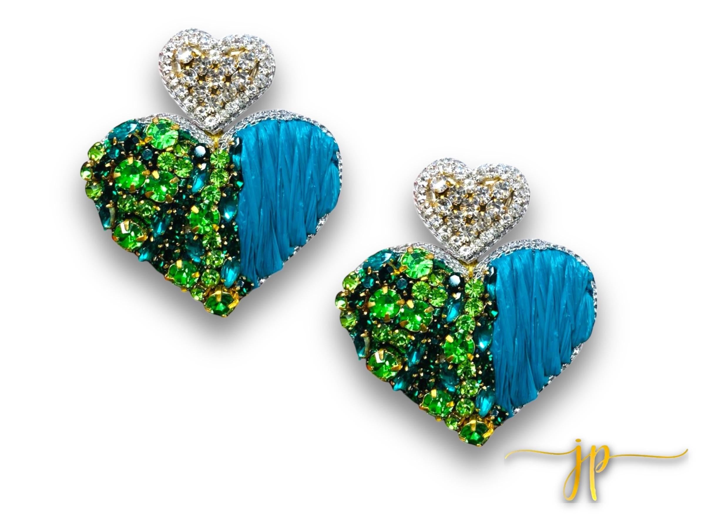 Beaded Game Day Heart Earrings in Green Rhinestones and Raffia with Heart Topper
