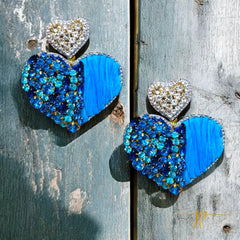 Beaded Game Day Heart Earrings in Blue Rhinestones and Raffia with Heart Topper