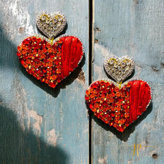 Beaded Game Day Heart Earrings in Red Rhinestones and Raffia with Heart Topper