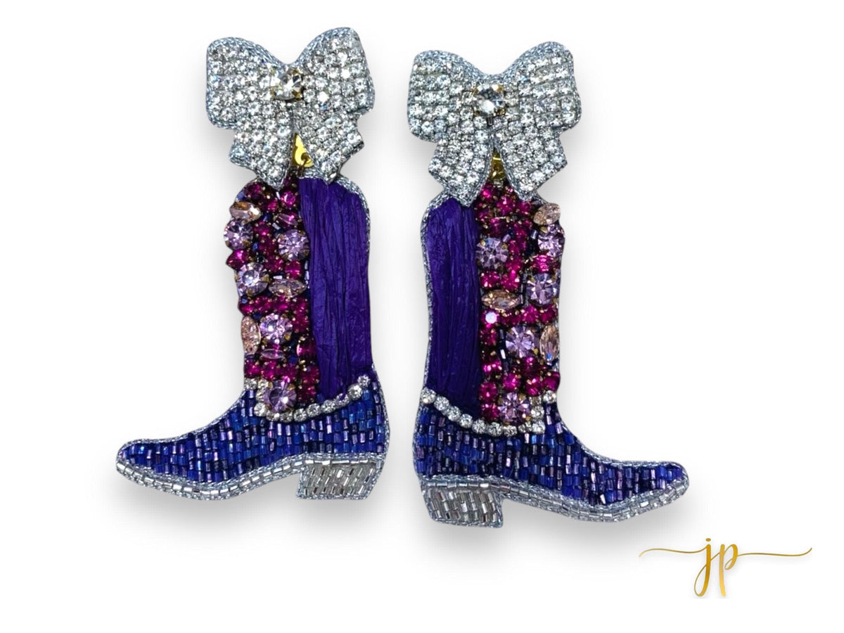 Purple Rhinestone Cowboy Boot Earrings Bows for Game Day