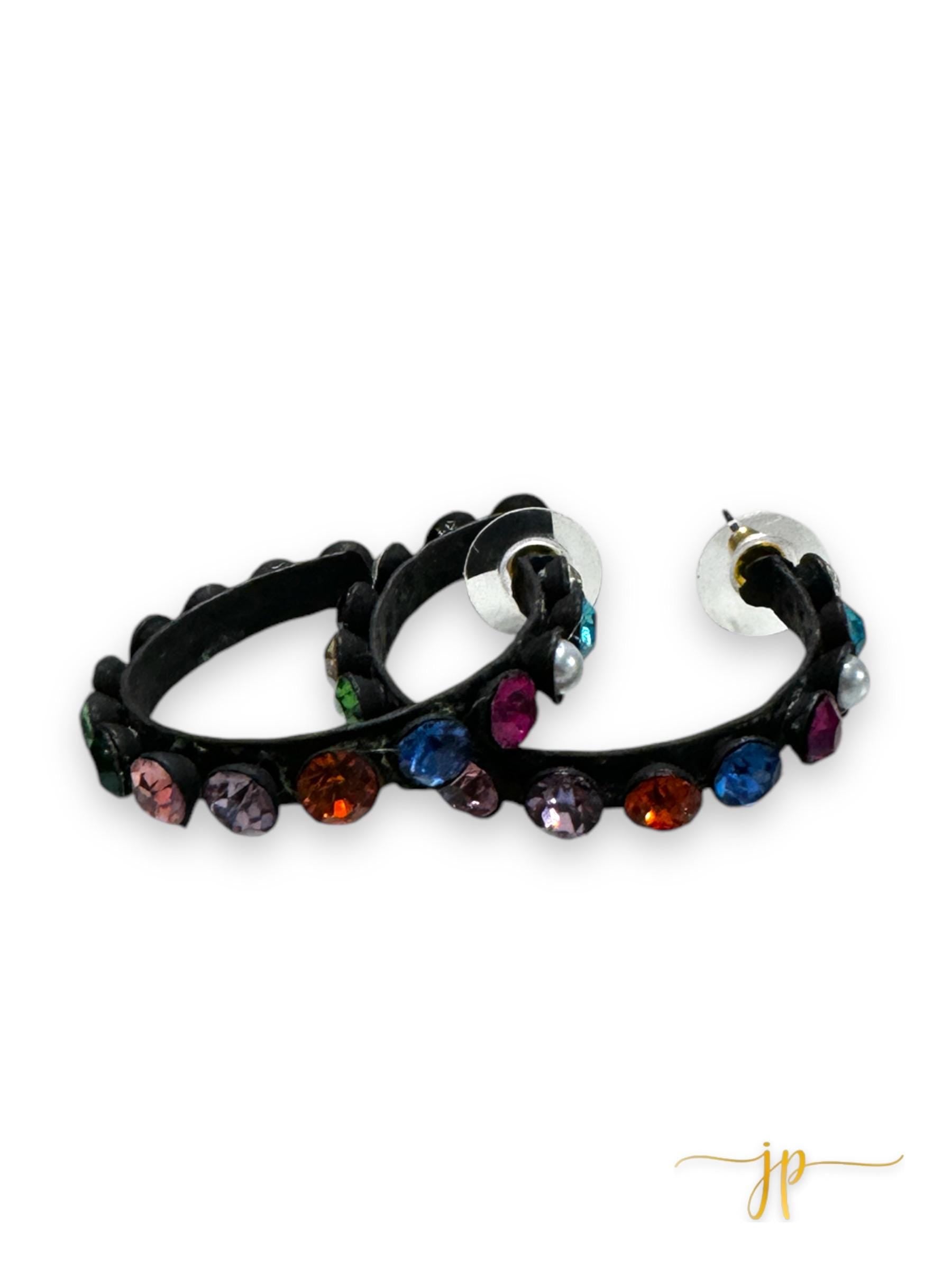 Prism Noir Multicolored Rhinestone Gun Metal Hoop Earrings