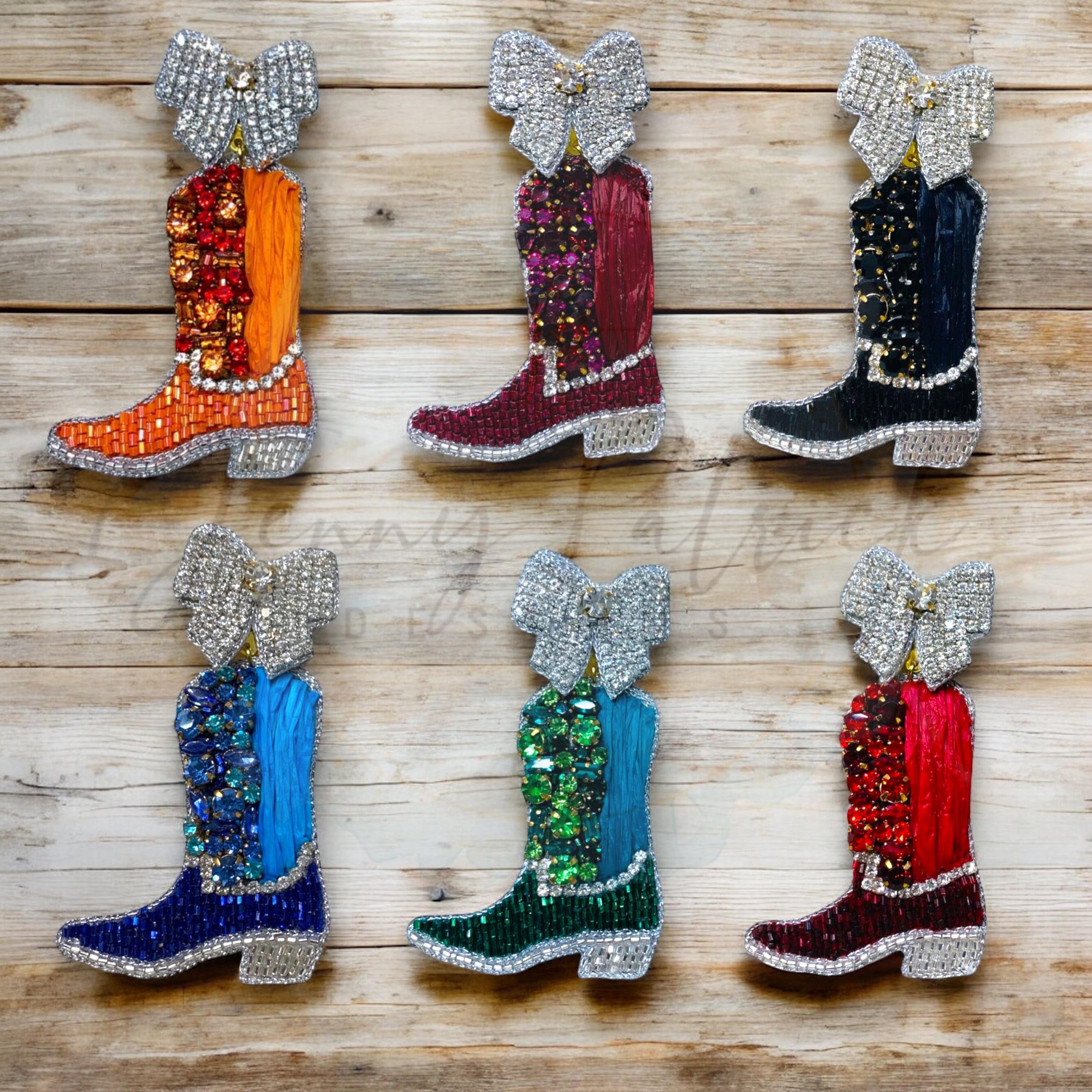 Beaded Game Day Cowgirl Boot Earrings in Maroon Rhinestones and Raffia with Coquette Bows