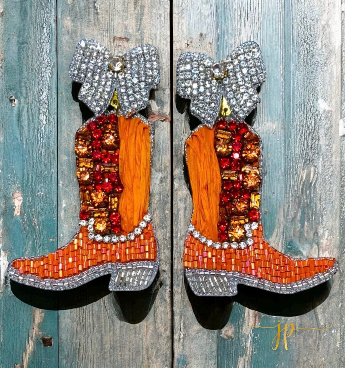 Beaded Game Day Cowgirl Boot Earrings in Orange Rhinestones and Raffia with Coquette Bows