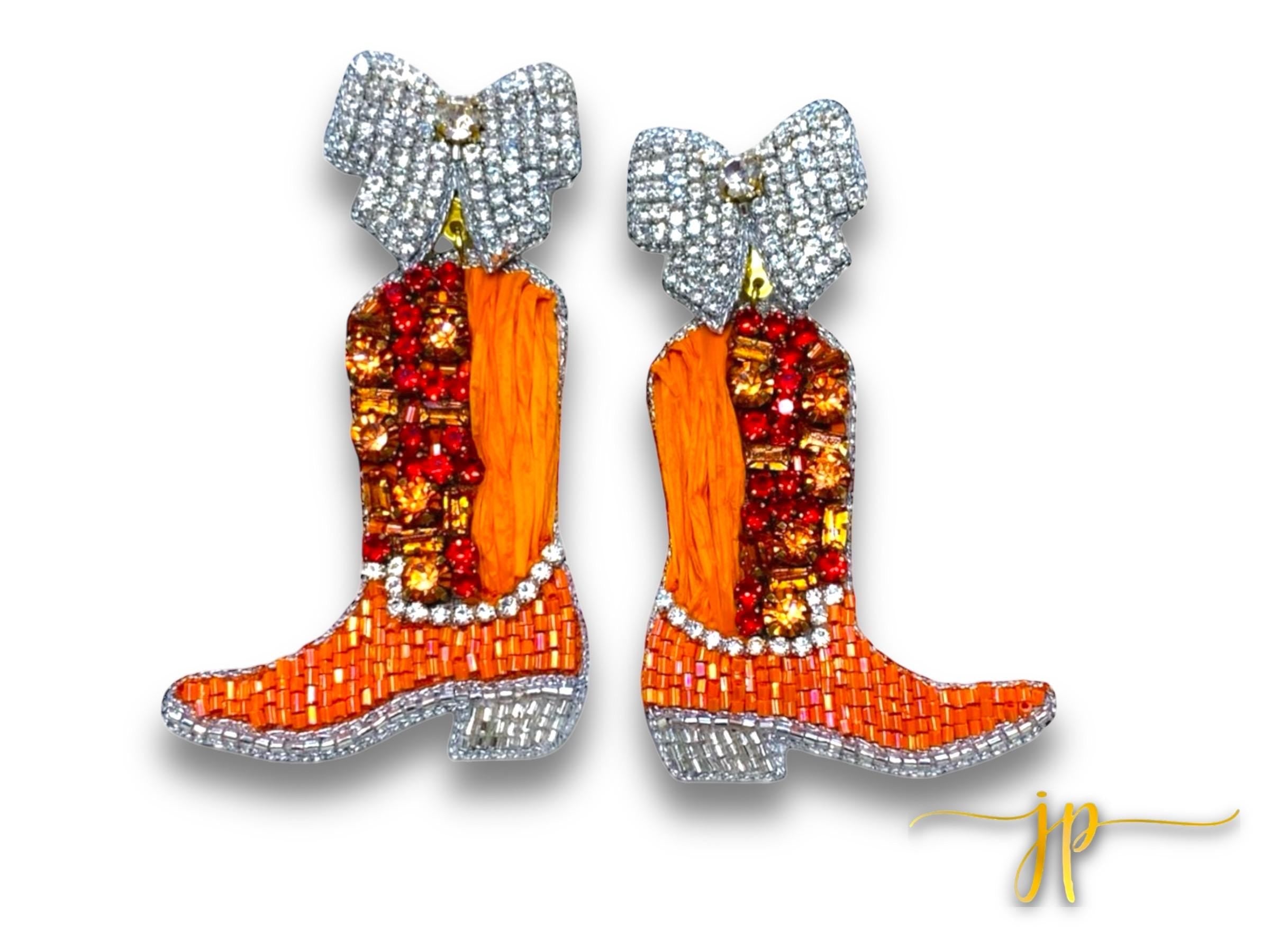 Beaded Game Day Cowgirl Boot Earrings in Orange Rhinestones and Raffia with Coquette Bows