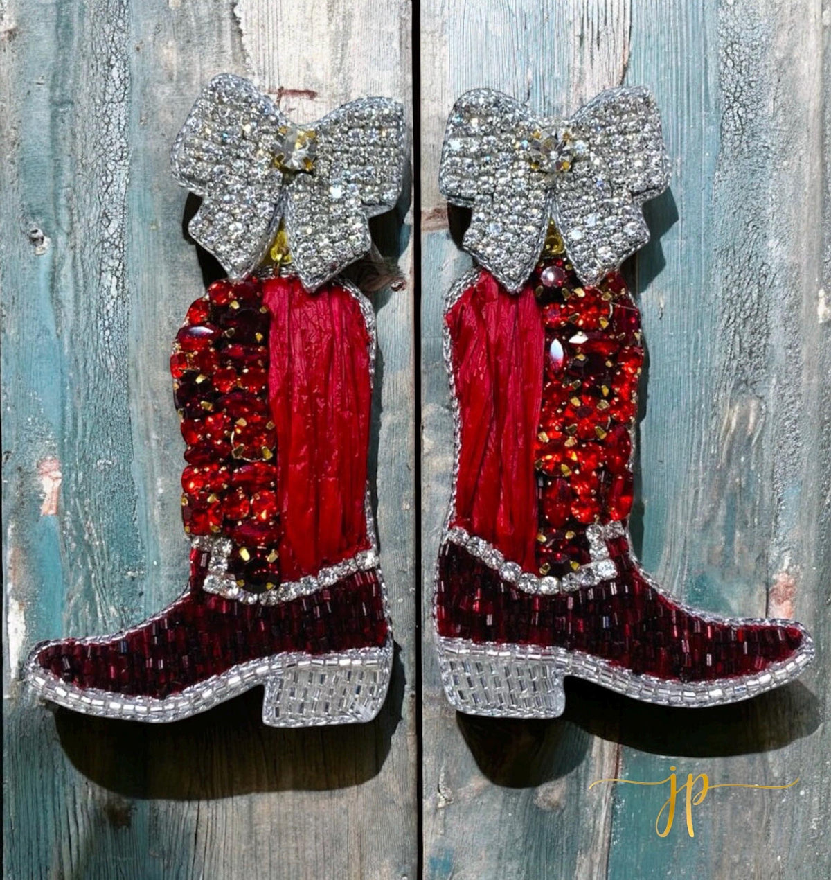 Beaded Game Day Cowgirl Boot Earrings in Crimson Rhinestones and Raffia with Coquette Bows