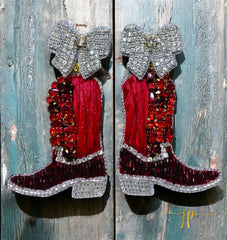 Beaded Game Day Cowgirl Boot Earrings in Crimson Rhinestones and Raffia with Coquette Bows