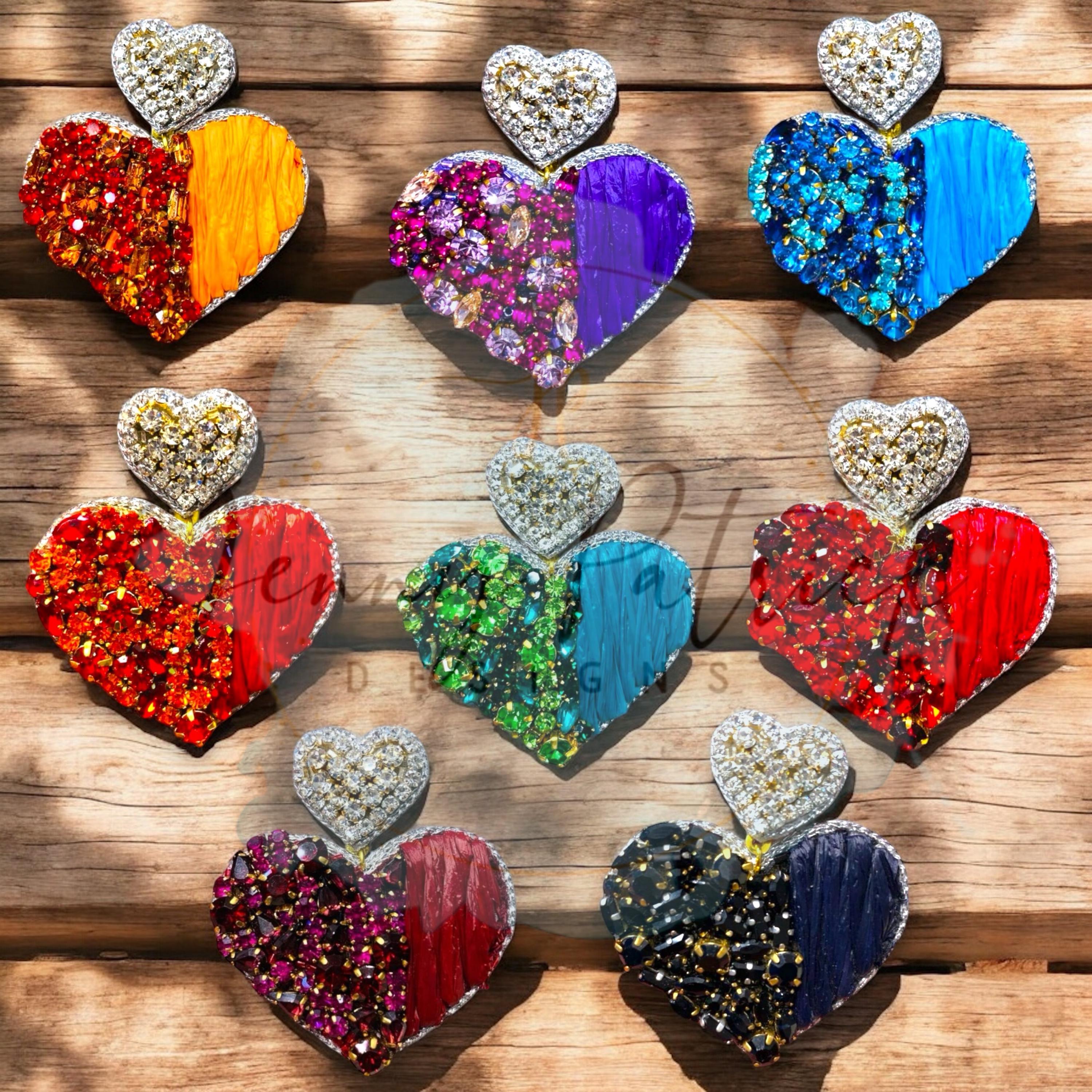 Beaded Game Day Heart Earrings in Maroon Rhinestones and Raffia with Heart Topper - Game Day Jewelry, Team Colors