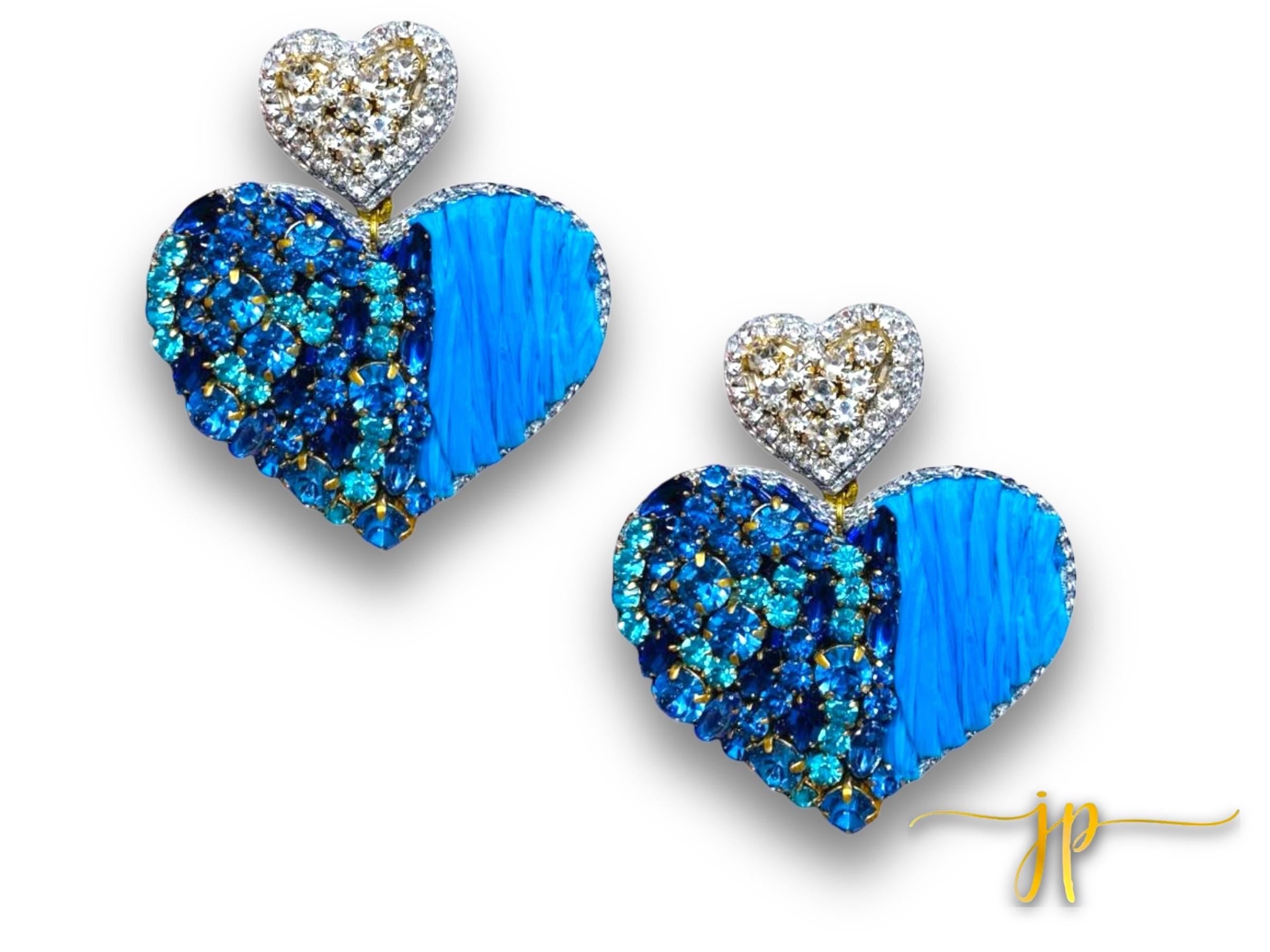 Beaded Game Day Heart Earrings in Blue Rhinestones and Raffia with Heart Topper